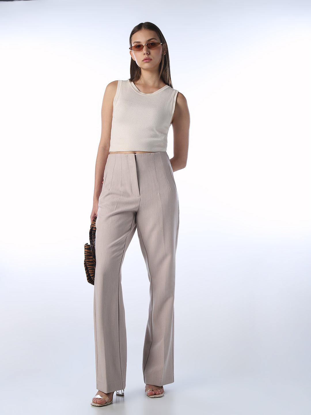 High Waist Flared Tailored Pants - Beige