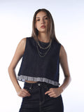 Cropped Gingham Trim Denim Top