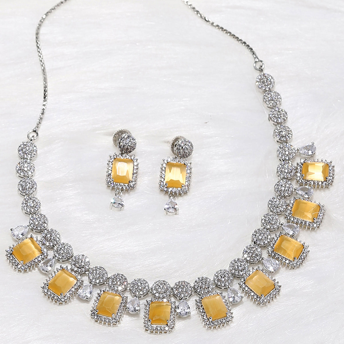 CZ Silver Plated Necklace Set with Yellow Stones