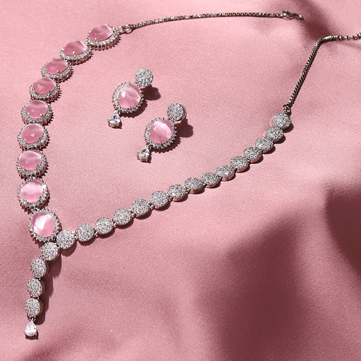 CZ Silver Plated Necklace Set with Pink Stones