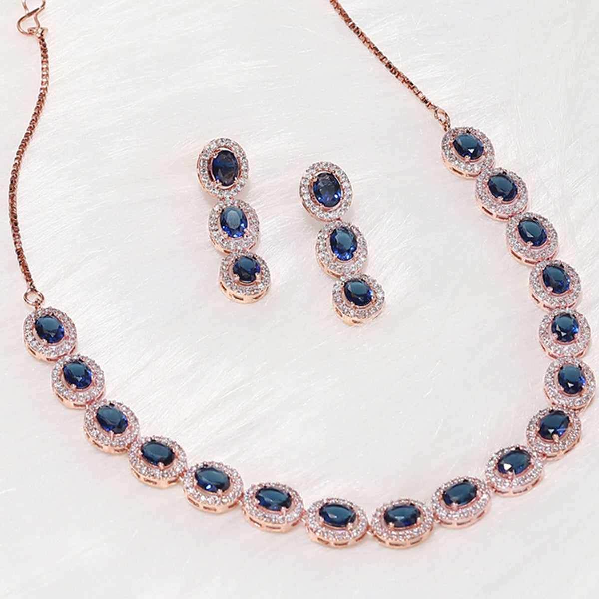CZ Rose Gold Plated Necklace Set with Blue Stones