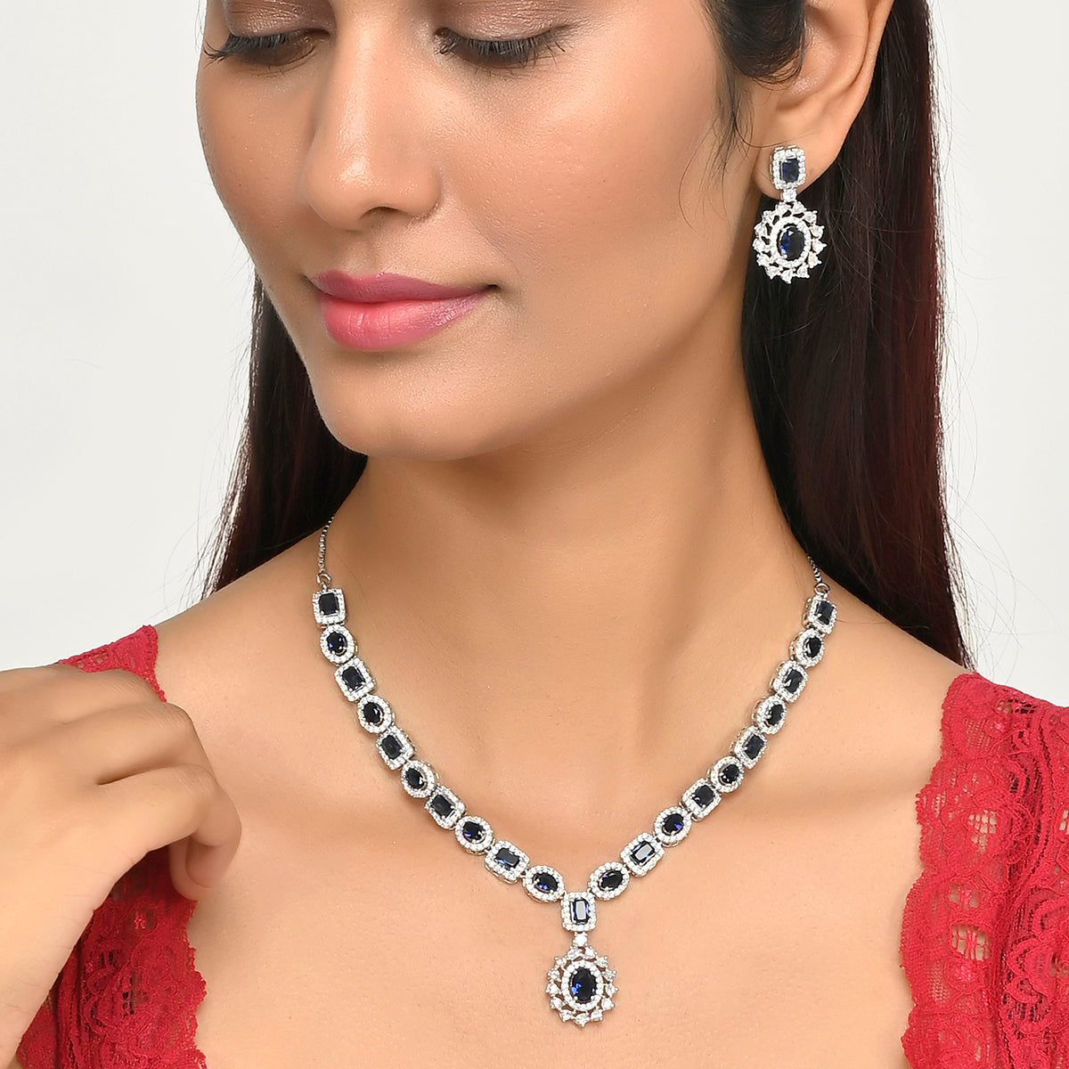 Sparkling Elegance Royal Blue and White CZ Brass Silver Plated Jewellery Set