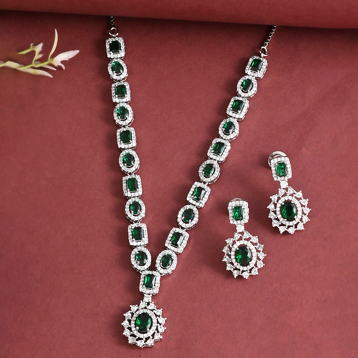 Sparkling Elegance Green and White CZ Brass Silver Plated Jewellery Set