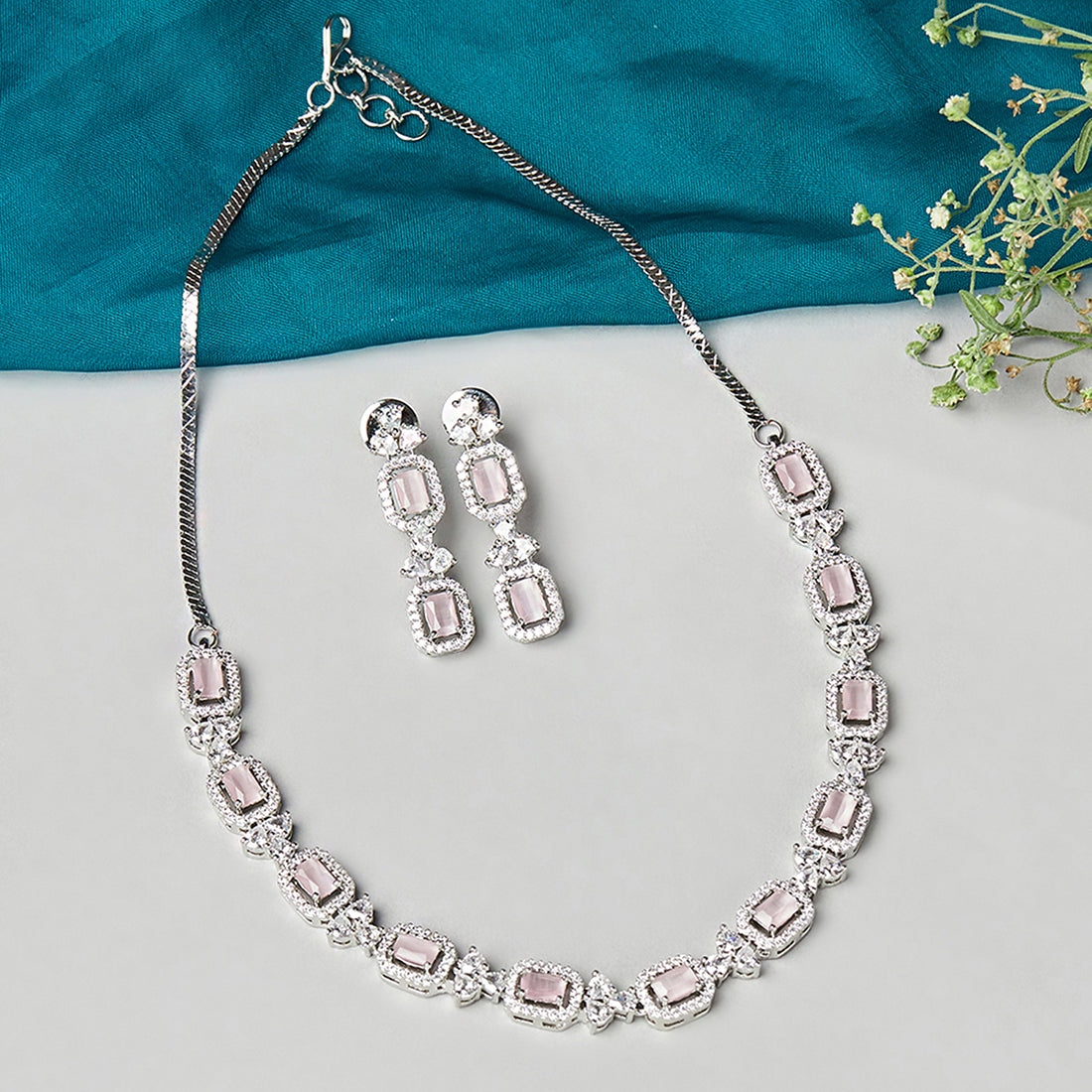 Sparkling Elegance Pink Gem Studded Classic Necklace Set