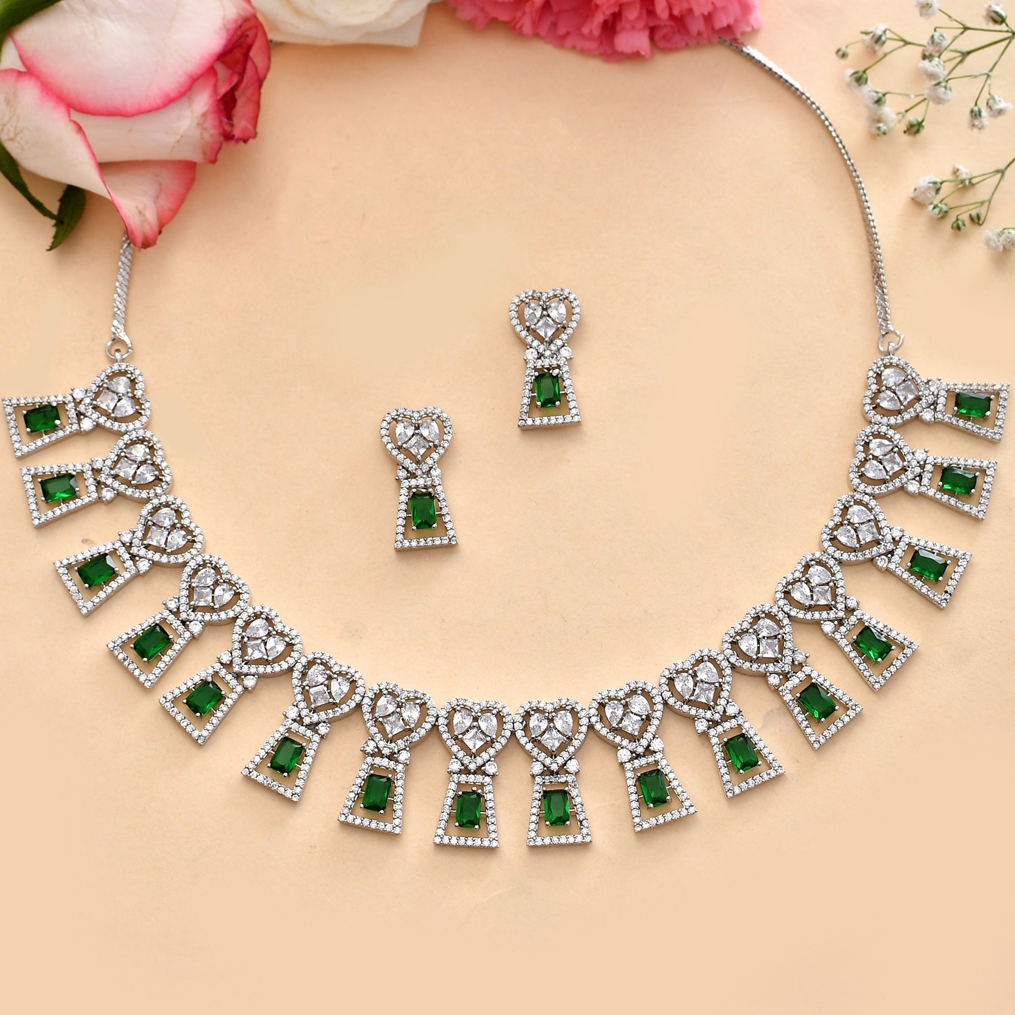 Hearts Cushion Setting Emerald Cut Cz Embellished Silver Plated Brass Jewellery Set