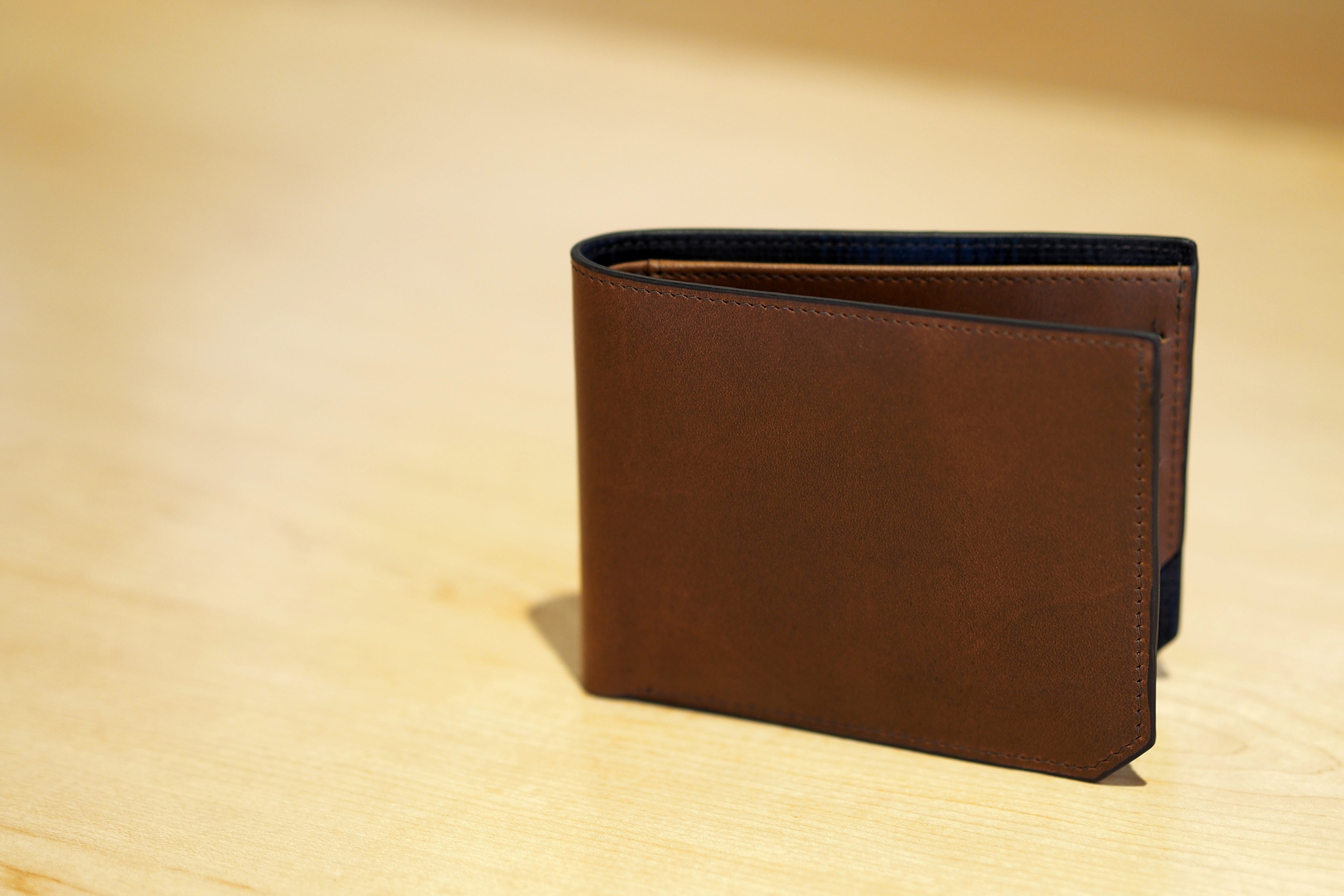 Brown Leather Wallet with Navy Trim