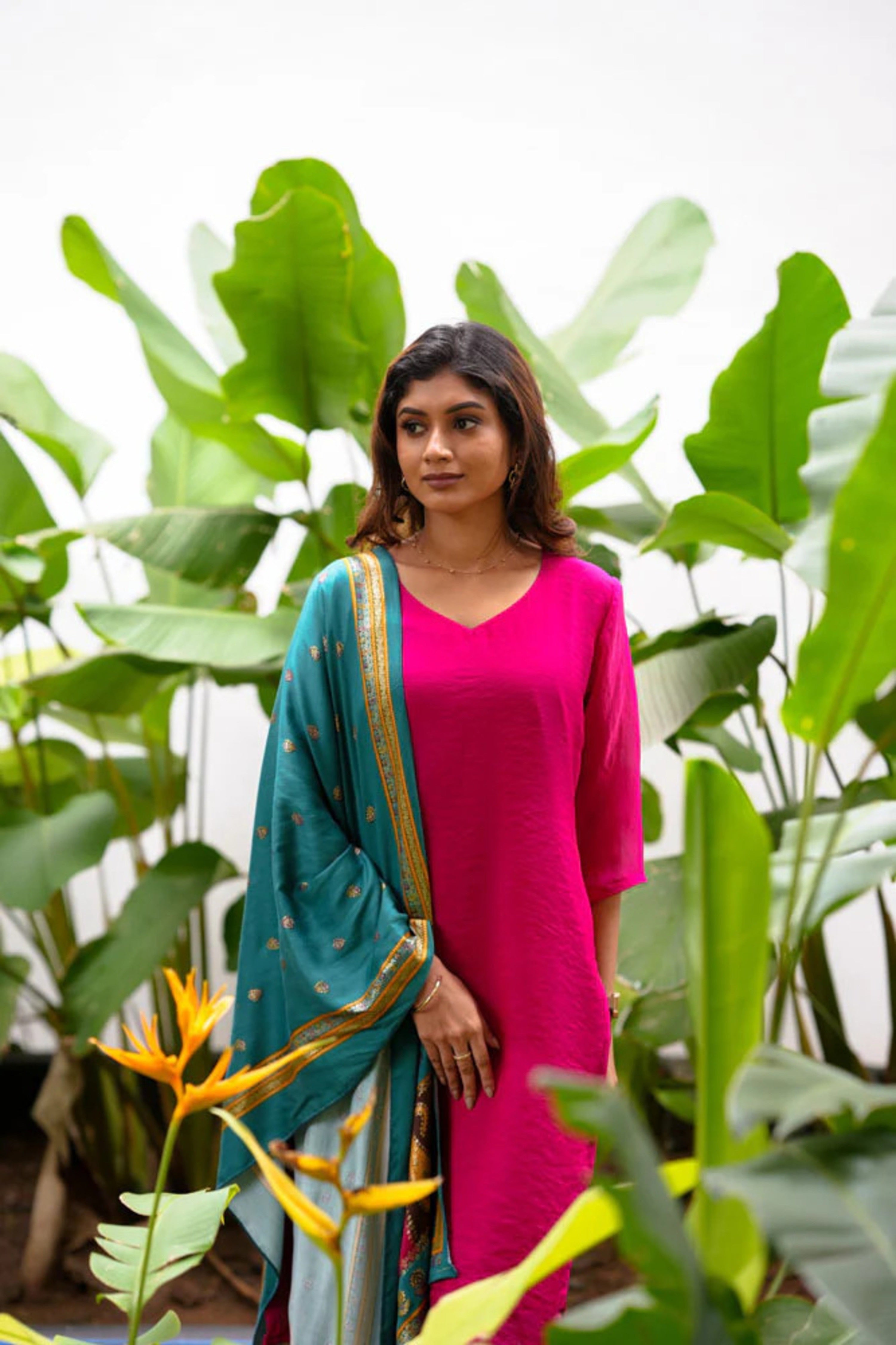 Fuchsia Kurta with Teal Dupatta Set