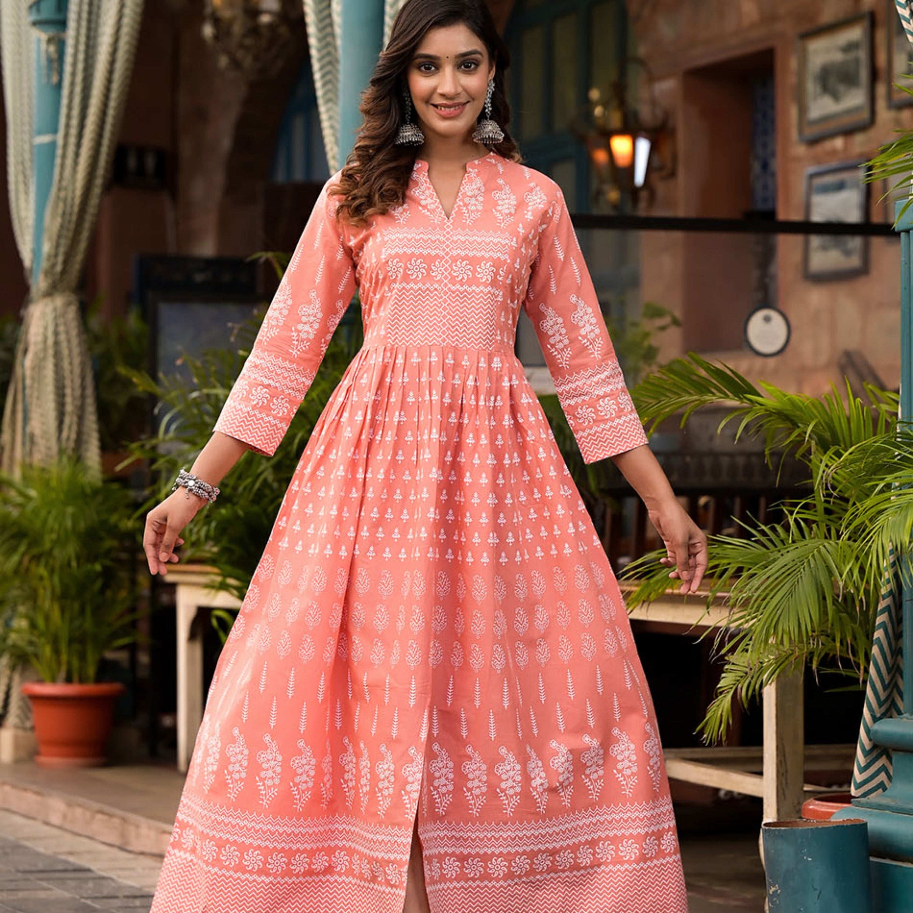 Peach Anarkali Kurta with White Print