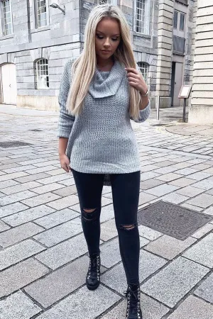 Grey Cowl Neck Longline Knitted Jumper - Cayden